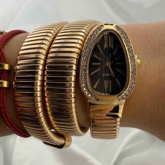 Serpentine Gold Snake Coil Wrap Watch - Crystal-Embellished Statement Watch - Picture 3 of 8